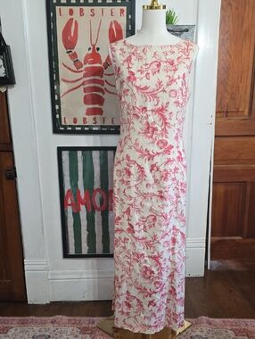 Vintage Linen Laura Ashley Pink Toile  Maxi Dress 12